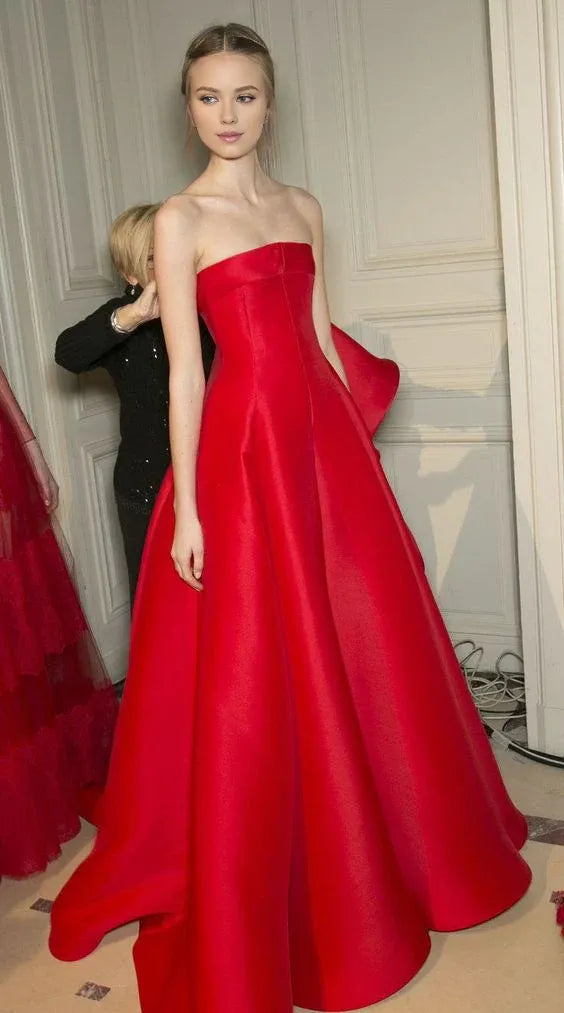 TingPo Wholesale Elegant Fancy Ball Gown Strapless Red Satin Long Prom Dresses Ruffles Evening Dress